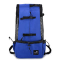 A royal blue and black hiking backpack with multiple compression straps, side mesh pockets, and a front utility pocket