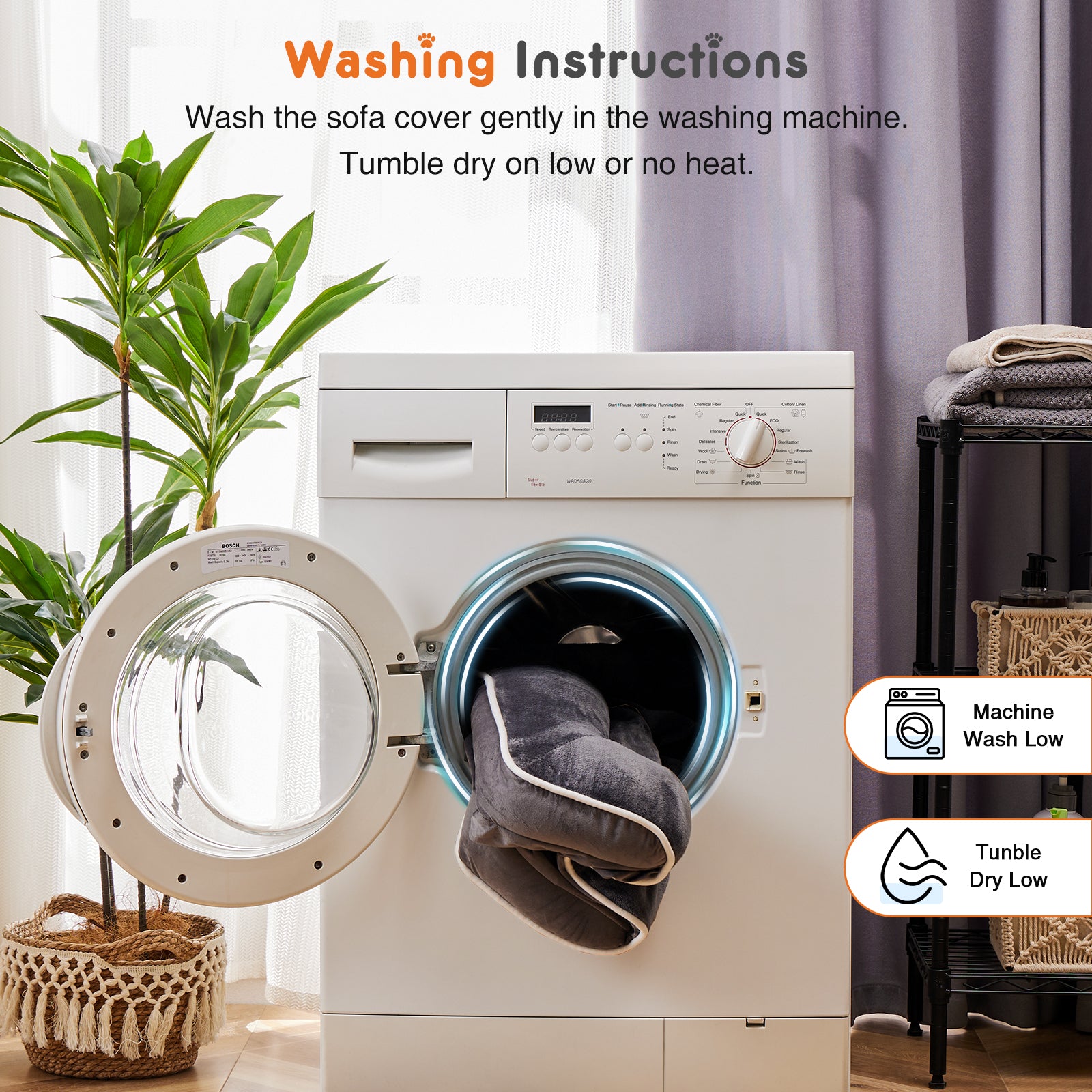 Washing machine with a gray pet bed cover inside