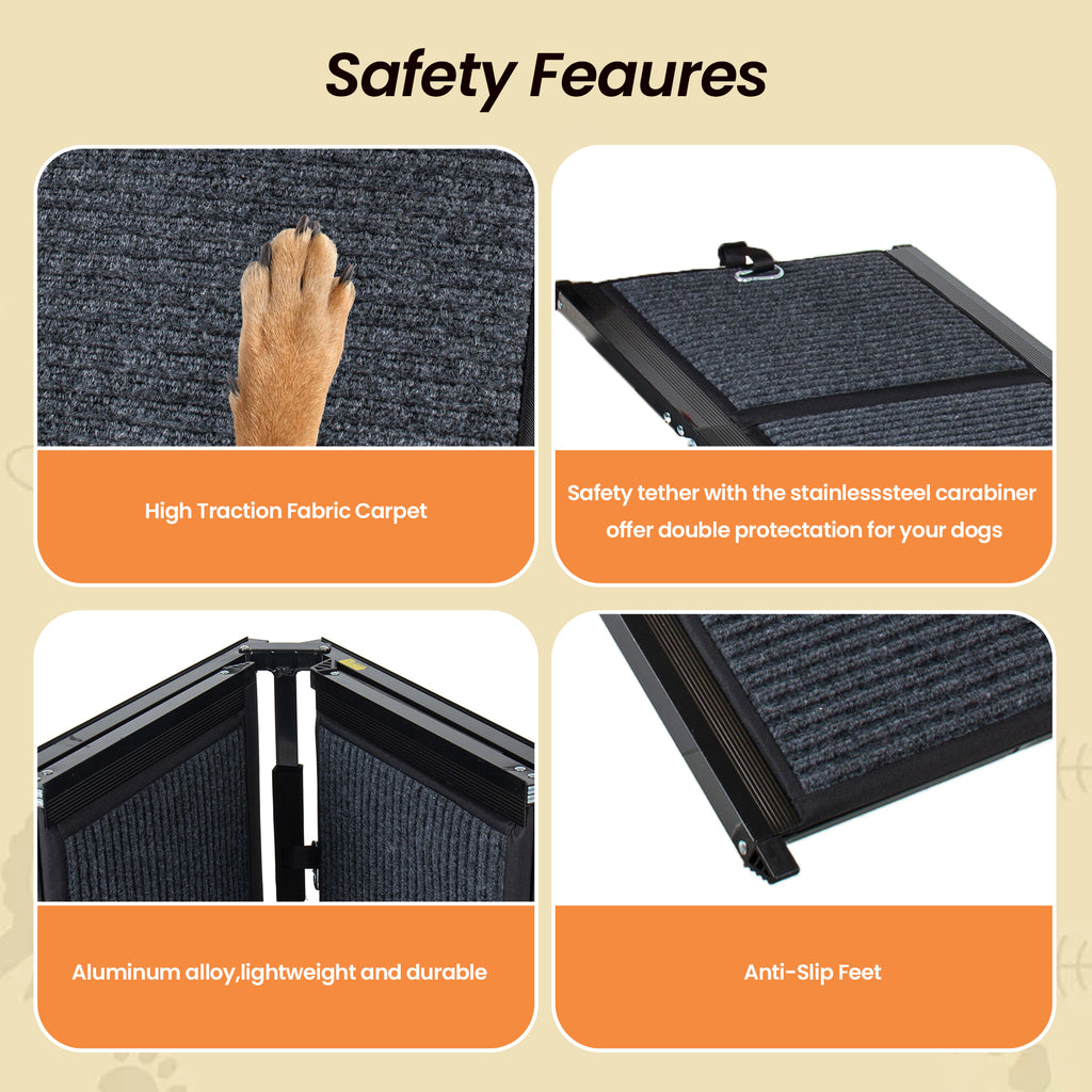 Safety features of pet ramp with high traction fabric carpet, safety tether, aluminum alloy frame, and anti-slip feet.