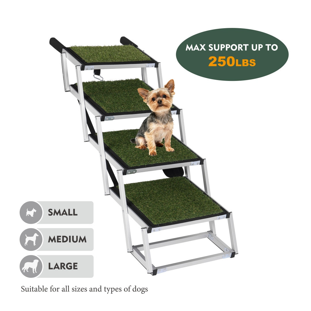 Dog steps with grass-like texture, a small dog on one of the steps, and text indicating weight capacity and suitability for dogs.