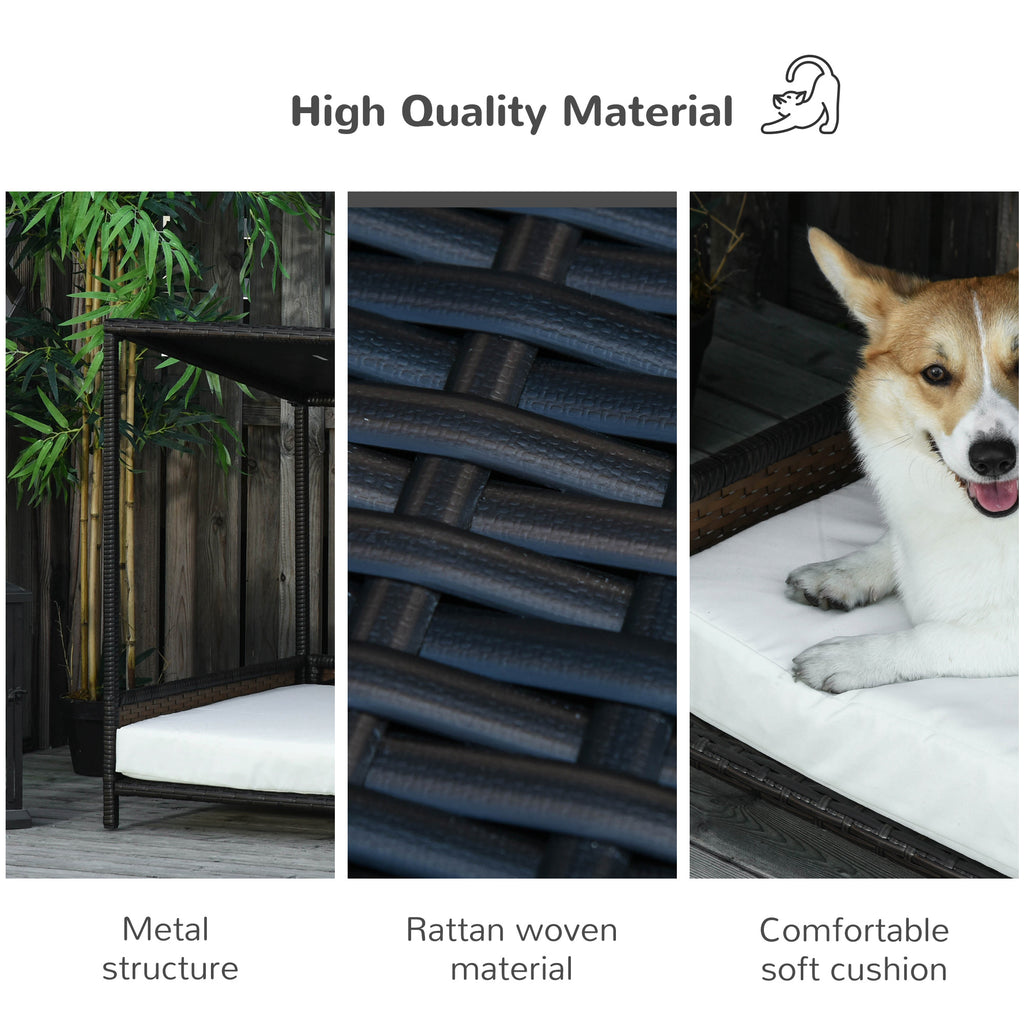 Outdoor furniture with metal structure, rattan woven material, and comfortable soft cushion, featuring a dog on the cushion.