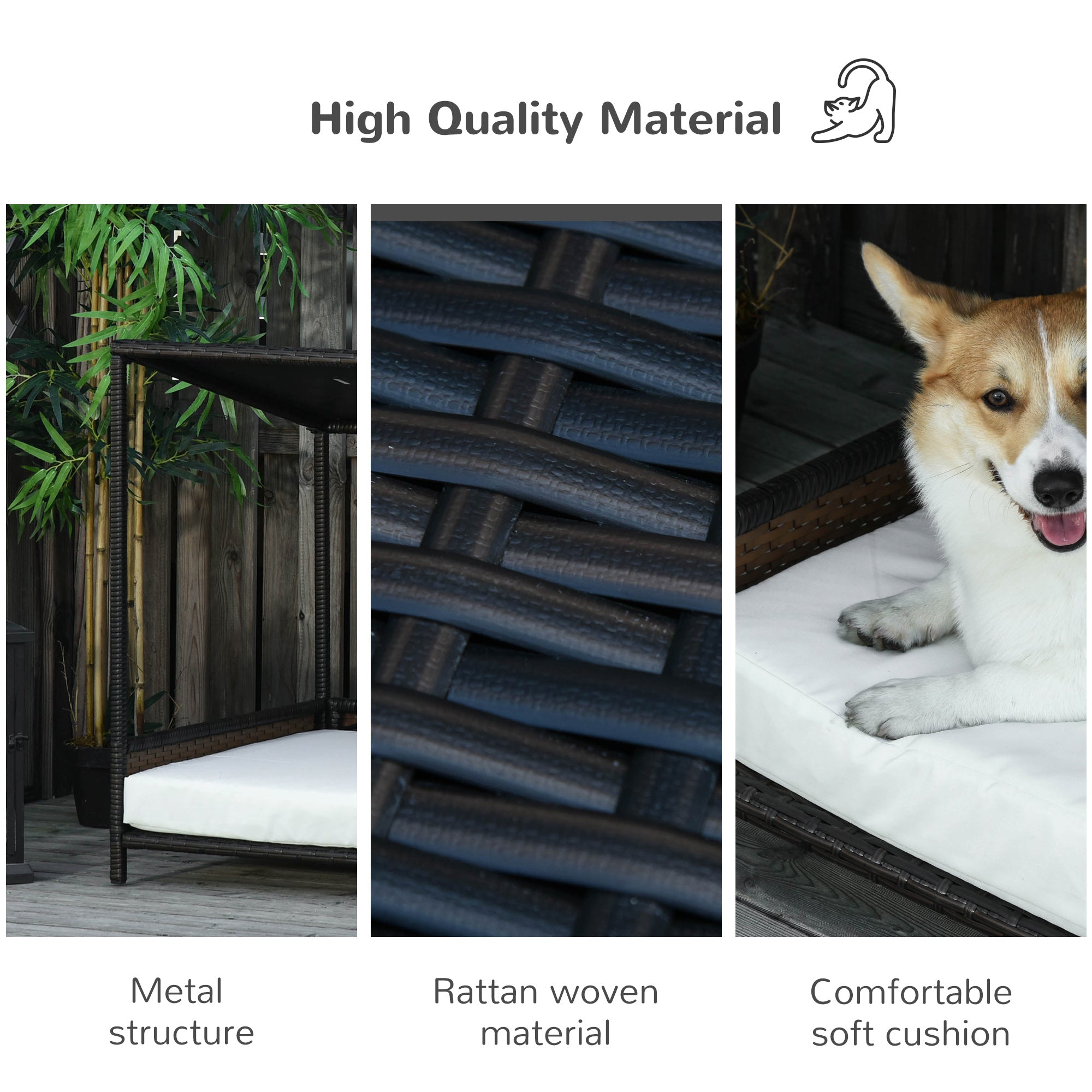 Outdoor furniture with metal structure, rattan woven material, and comfortable soft cushion, featuring a dog on the cushion.
