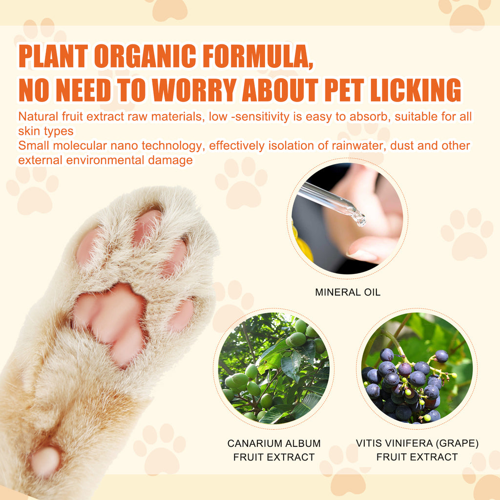Product advertisement for Yegbong paw balm with a paw image, text about plant organic formula, and images of natural ingredients claiming safe for pet licking.