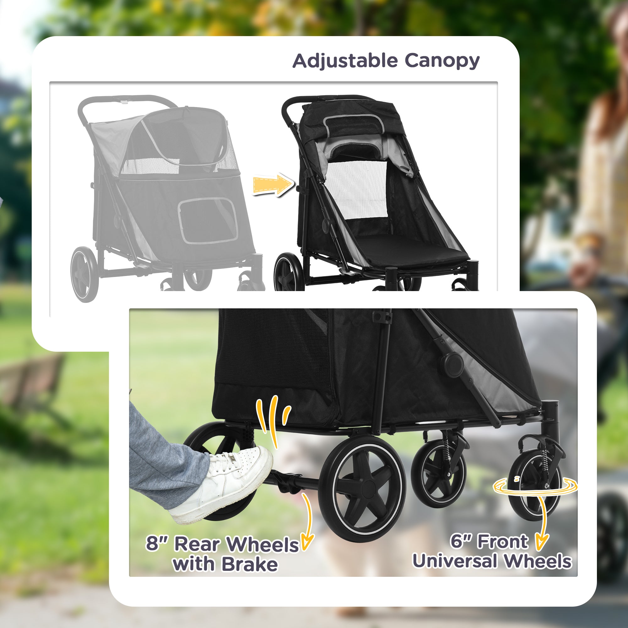 Stroller with adjustable canopy, 8-inch rear wheels with brake, and 6-inch front universal wheels