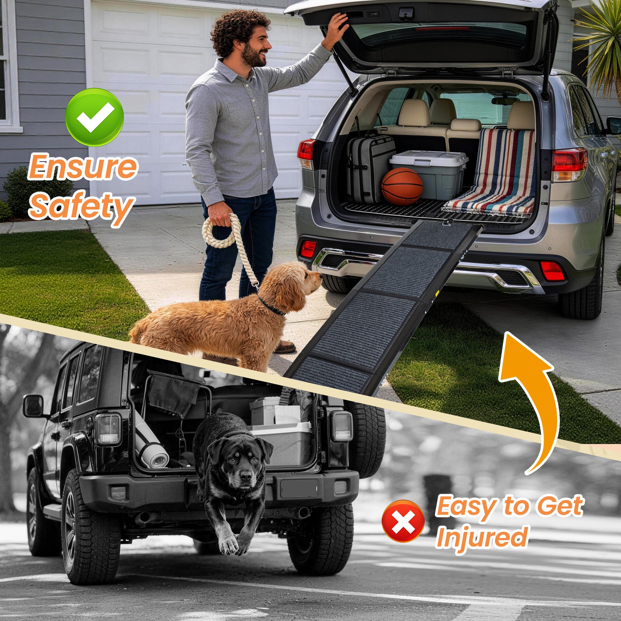 Man with a dog using a pet ramp to enter a car, emphasizing safety and ease of use.