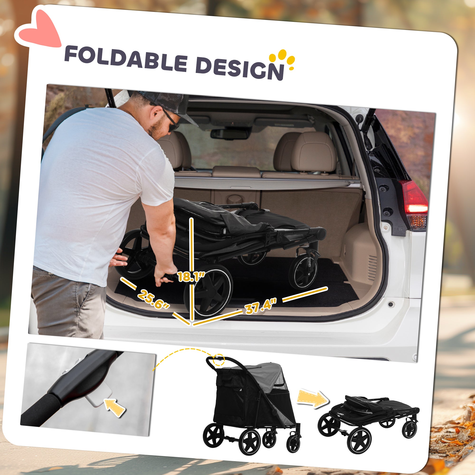 Foldable design of a stroller being loaded into a car trunk with measurements and additional views.