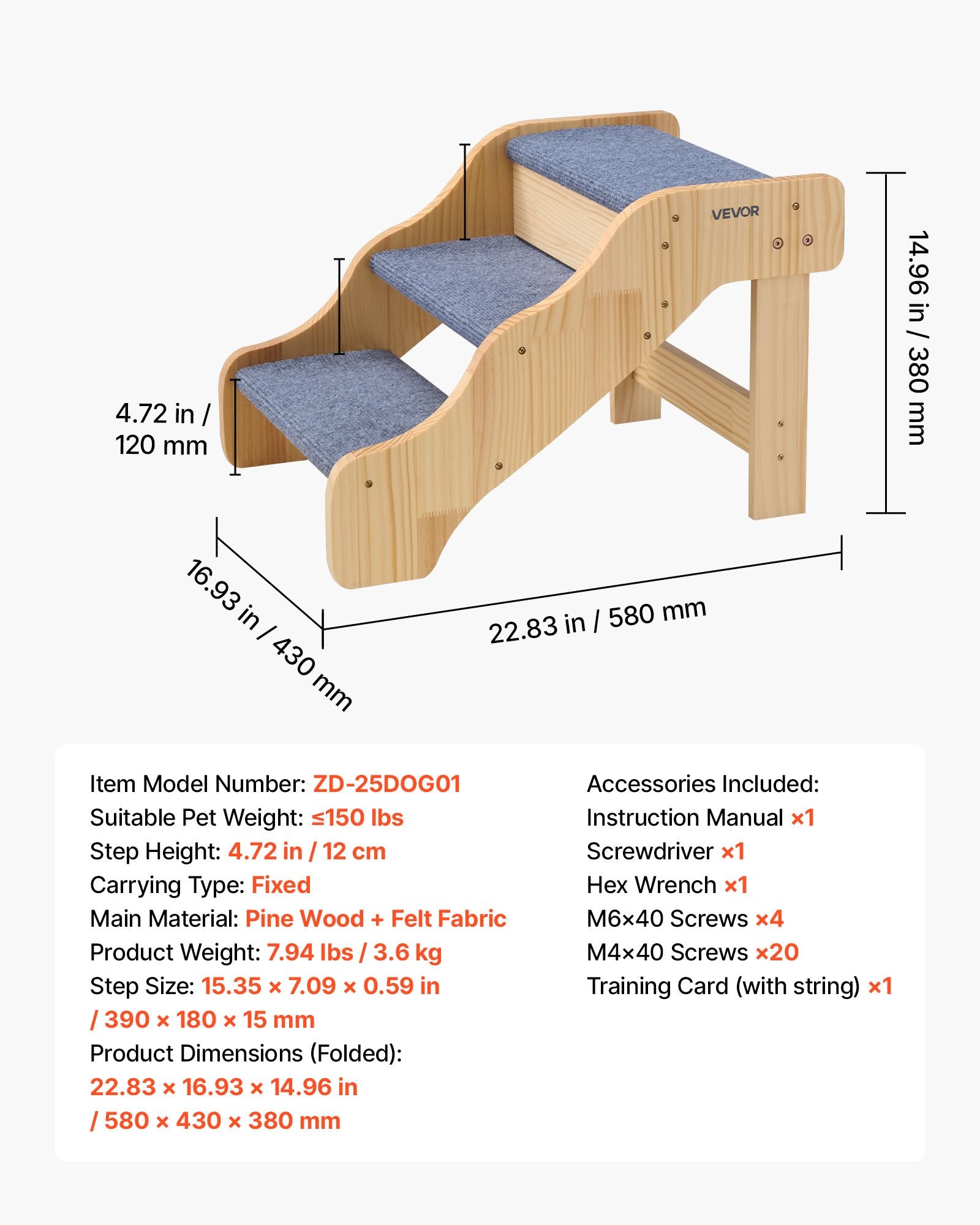 Pet stairs with dimensions and specifications