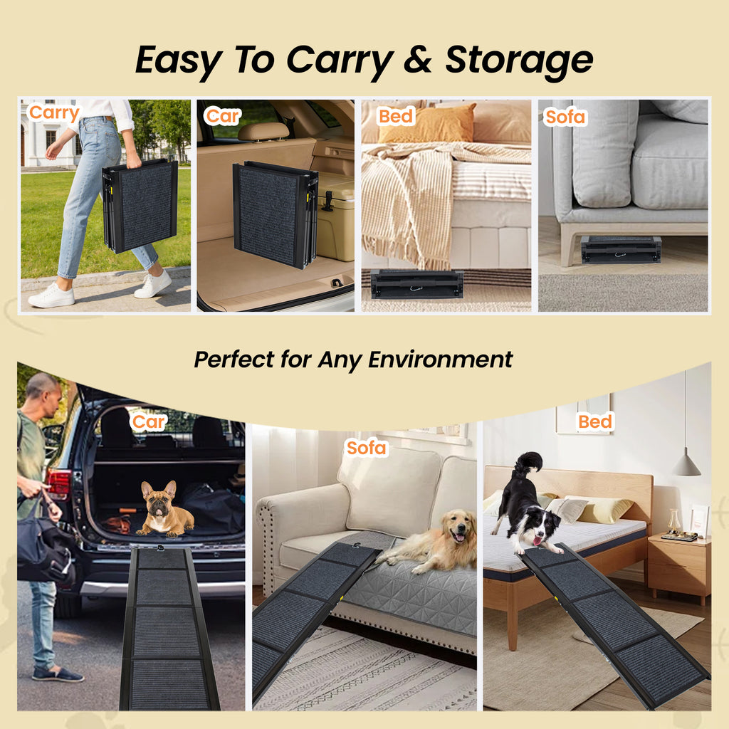 Collage of a pet ramp being used in various settings with text highlighting its portability and versatility.