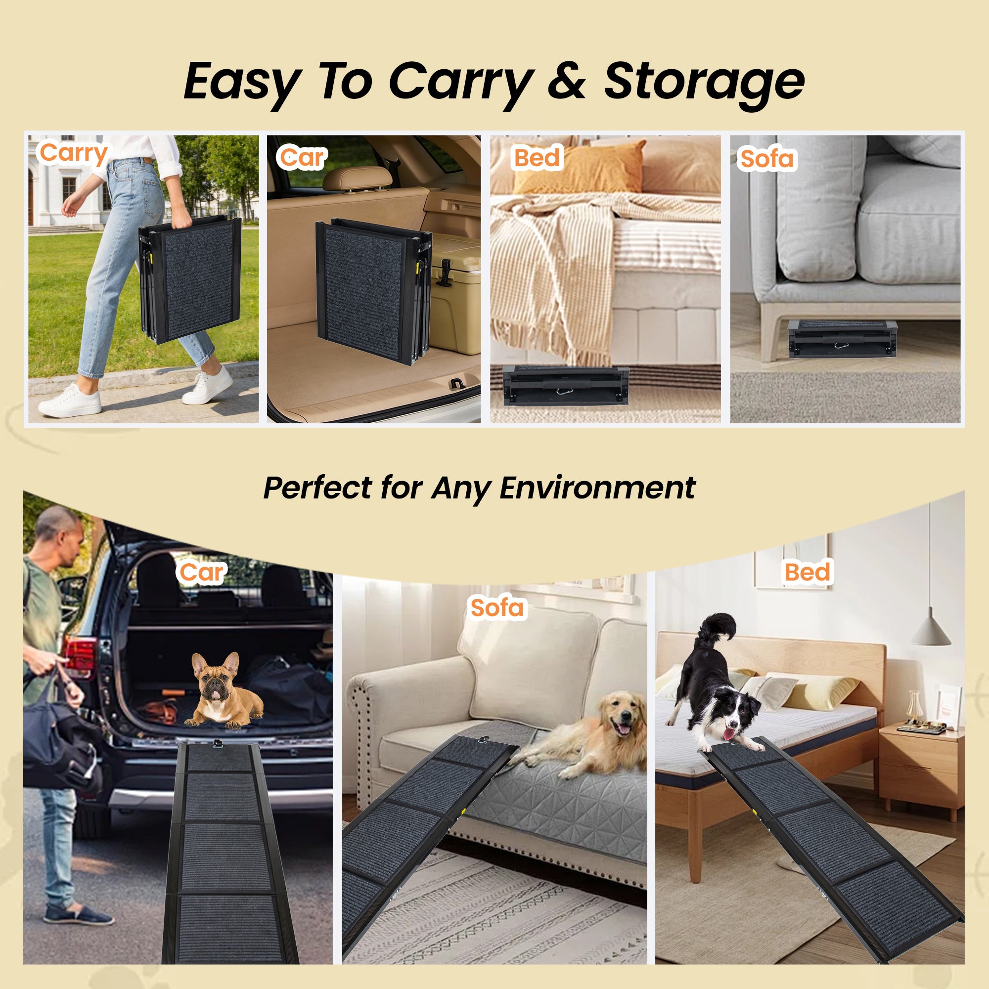 Collage of a pet ramp being used in various settings with text highlighting its portability and versatility.