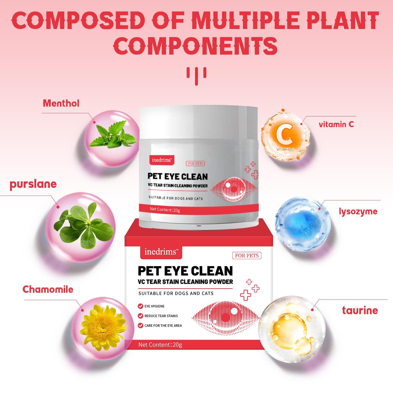 Pet eye clean product showing multiple plant components