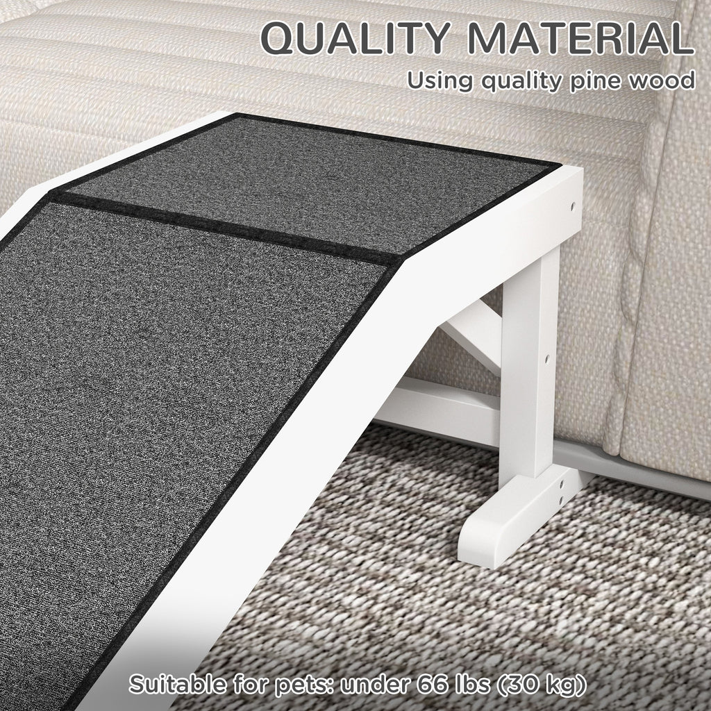 Pet ramp with textured surface and white frame suitable for pets under 66 lbs on a carpeted floor.