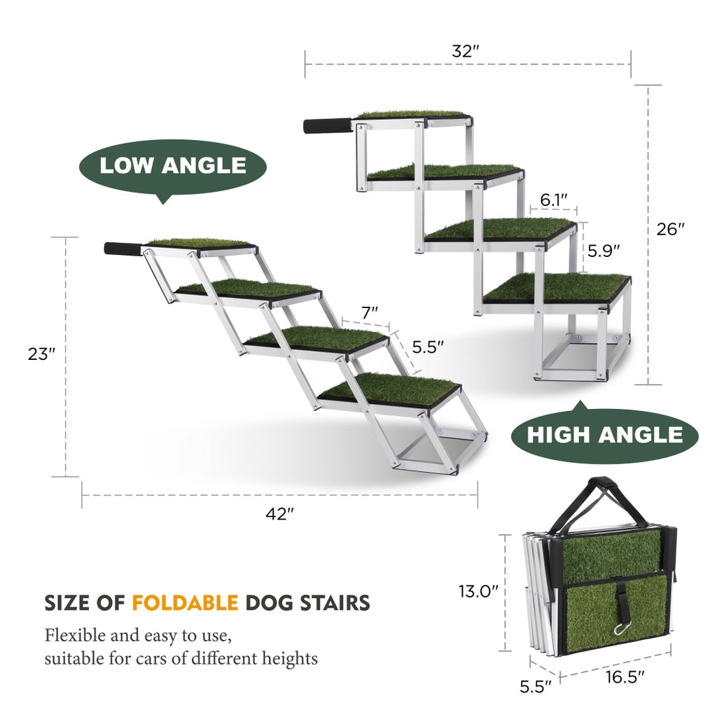 Foldable dog stairs with measurements and angles
