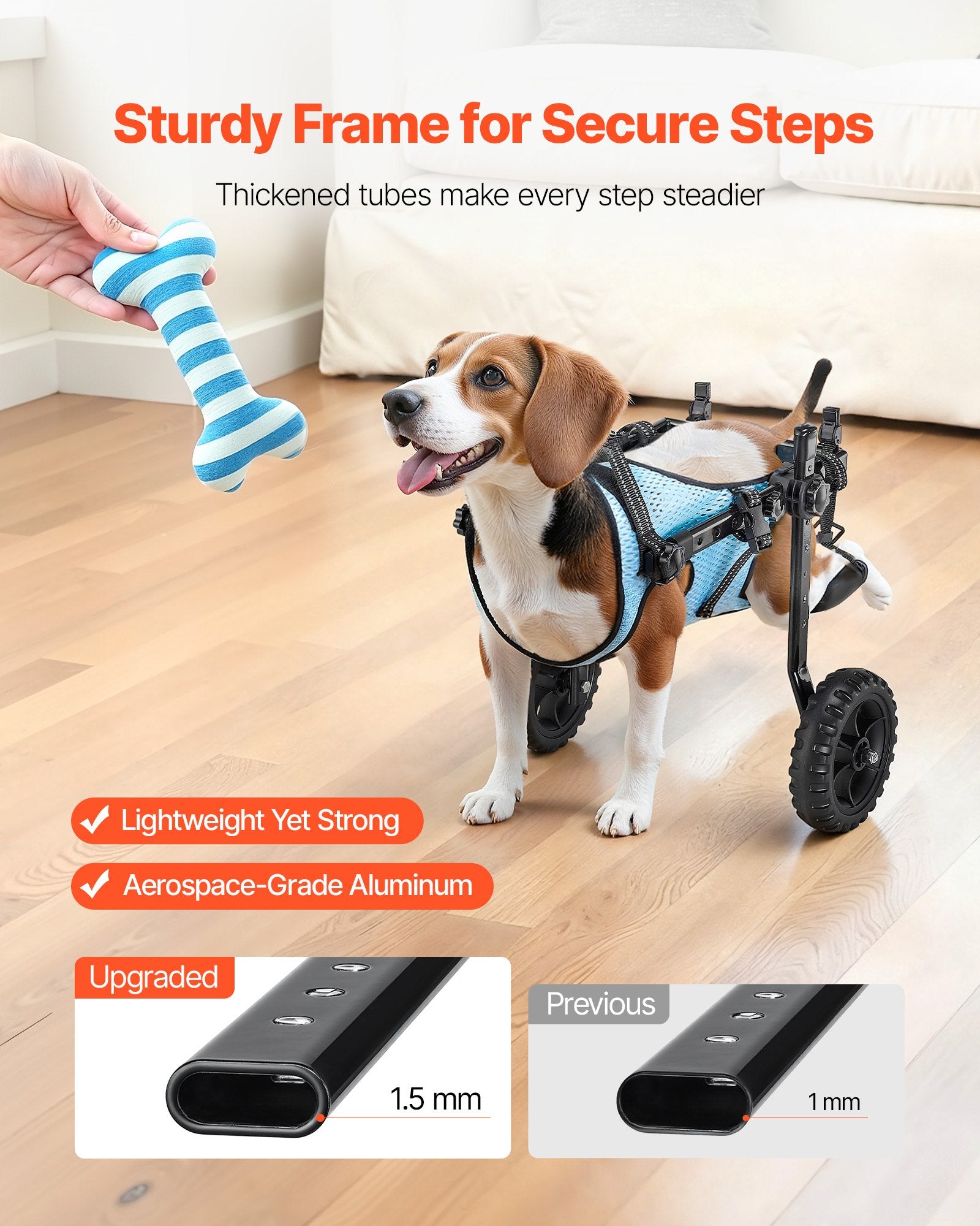 Dog in a wheelchair with hind legs raised emphasizing sturdiness and design improvements.