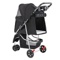 black pet stroller with a white interior