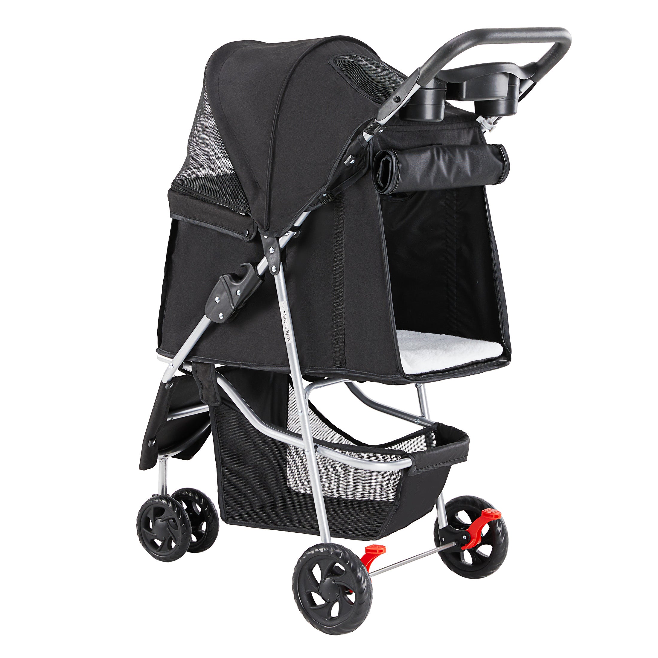 black pet stroller with a white interior