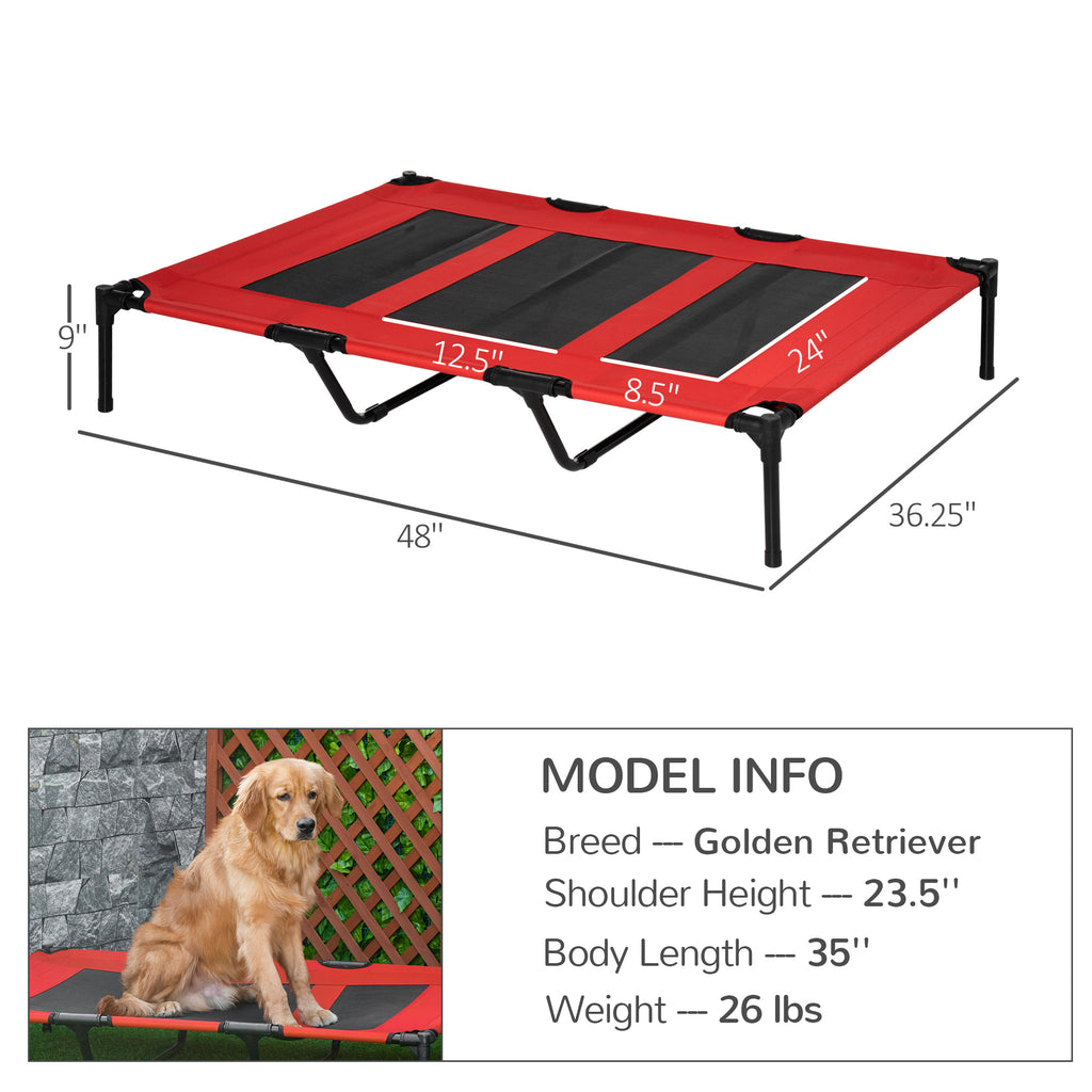 Red and black pet cot with dimensions and a Golden Retriever and measurments